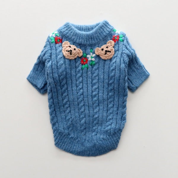 Bear Cable-Knit Sweater – Blue