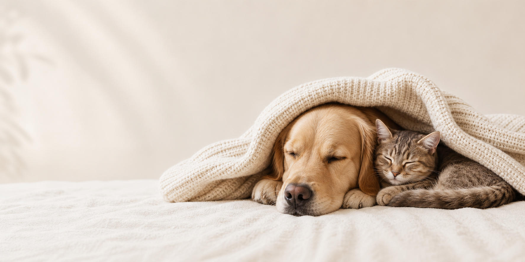 Dog and cat resting under a cream blanket