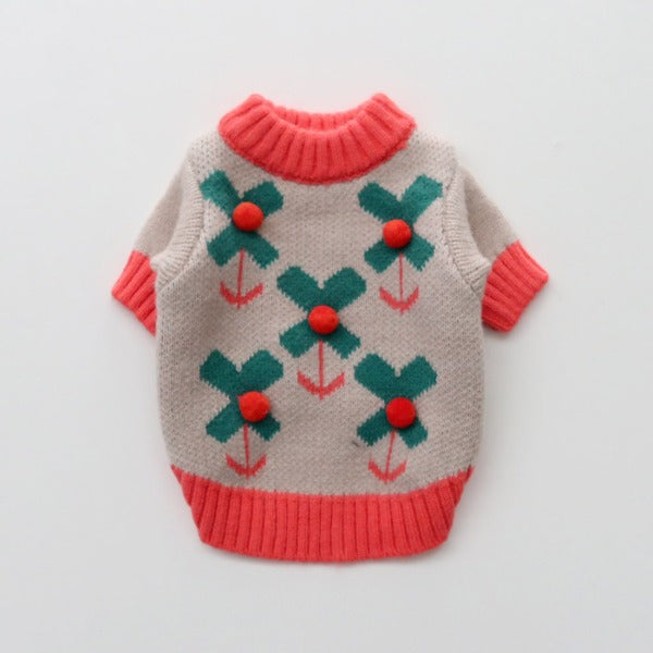Pom-Pom Daisy Knit Sweater – Beige