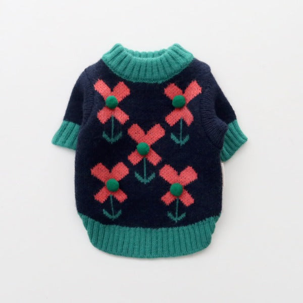 Pom-Pom Daisy Knit Sweater – Navy