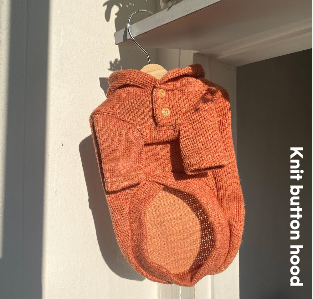 Knit Button Hood – Coral Orange