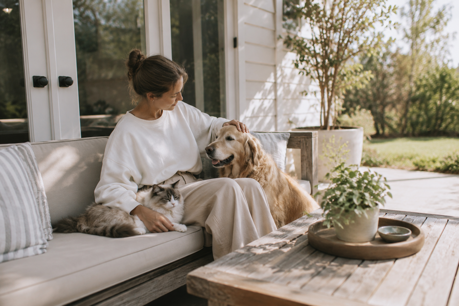 Woman relaxing at home with a dog and cat