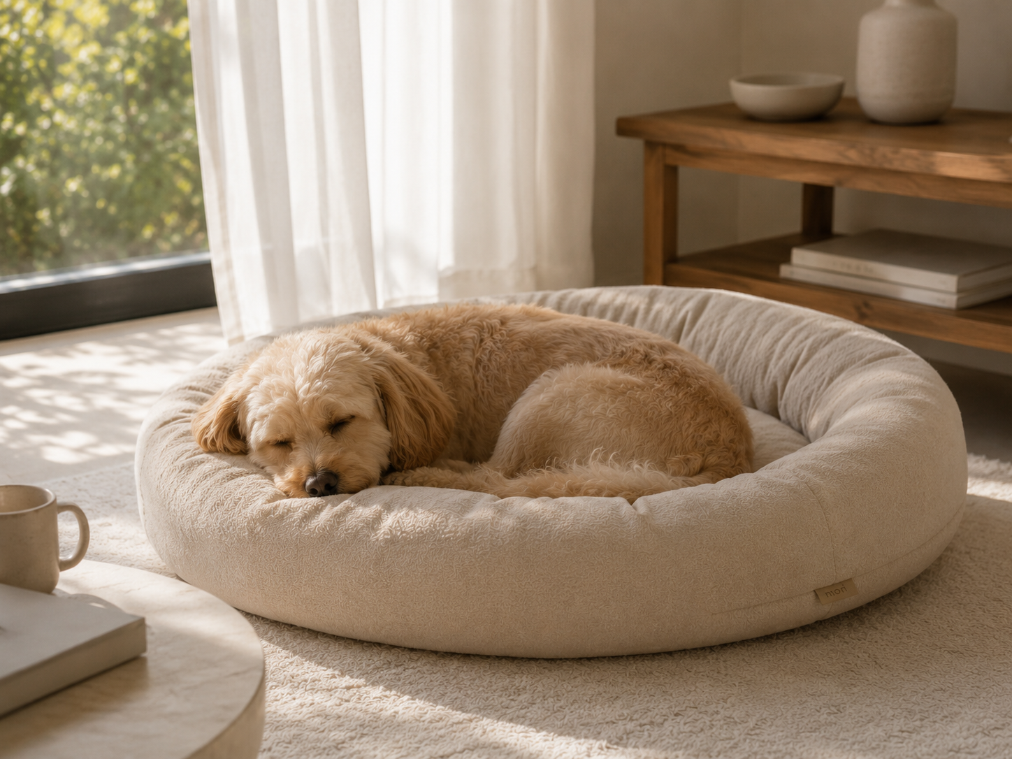 Dog resting in a cream pet bed