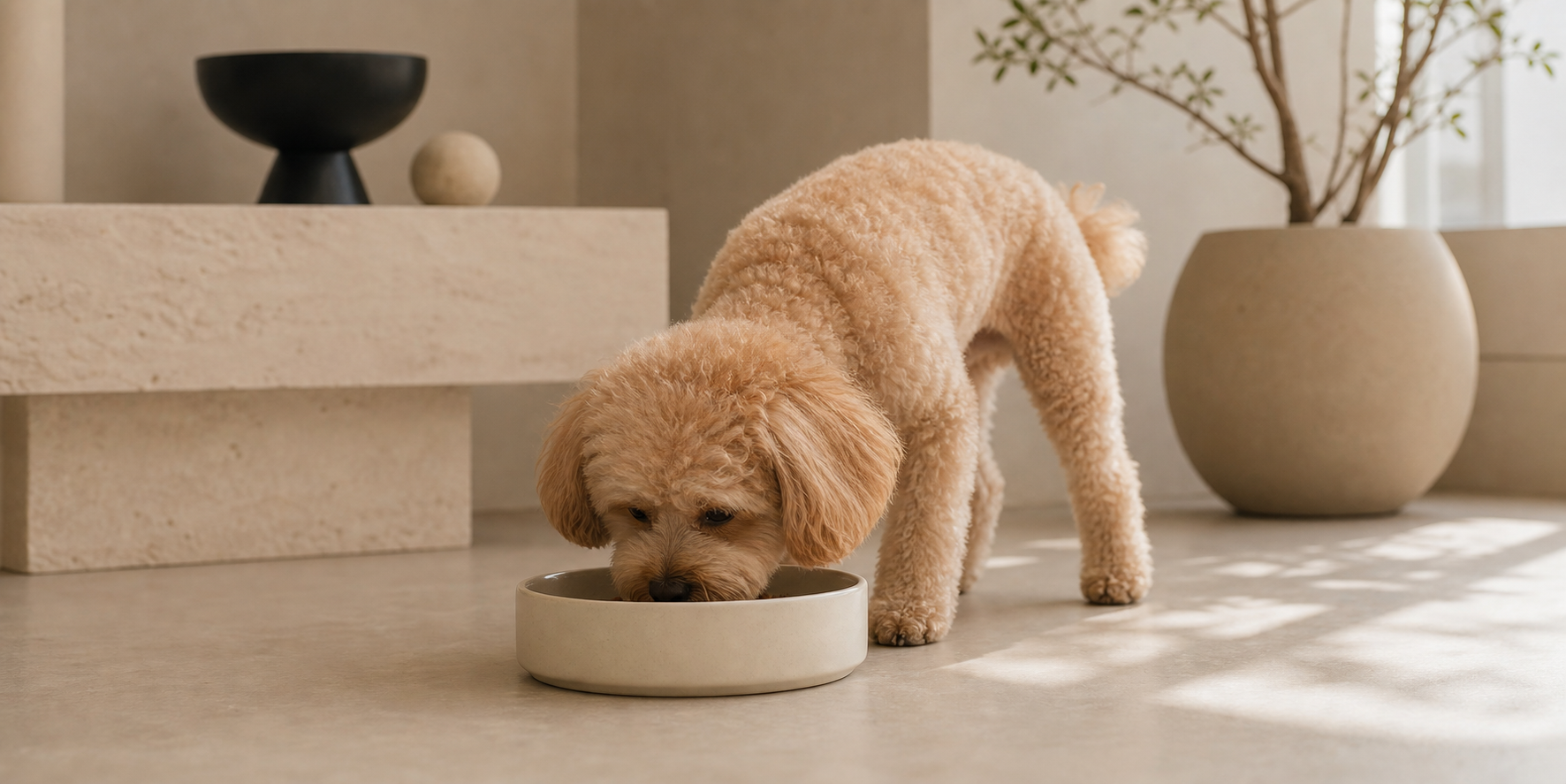 Dog eating from a minimalist cream bowl
