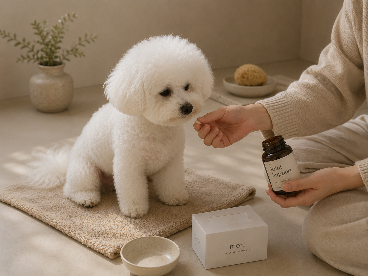 Dog receiving a daily supplement in a warm home setting