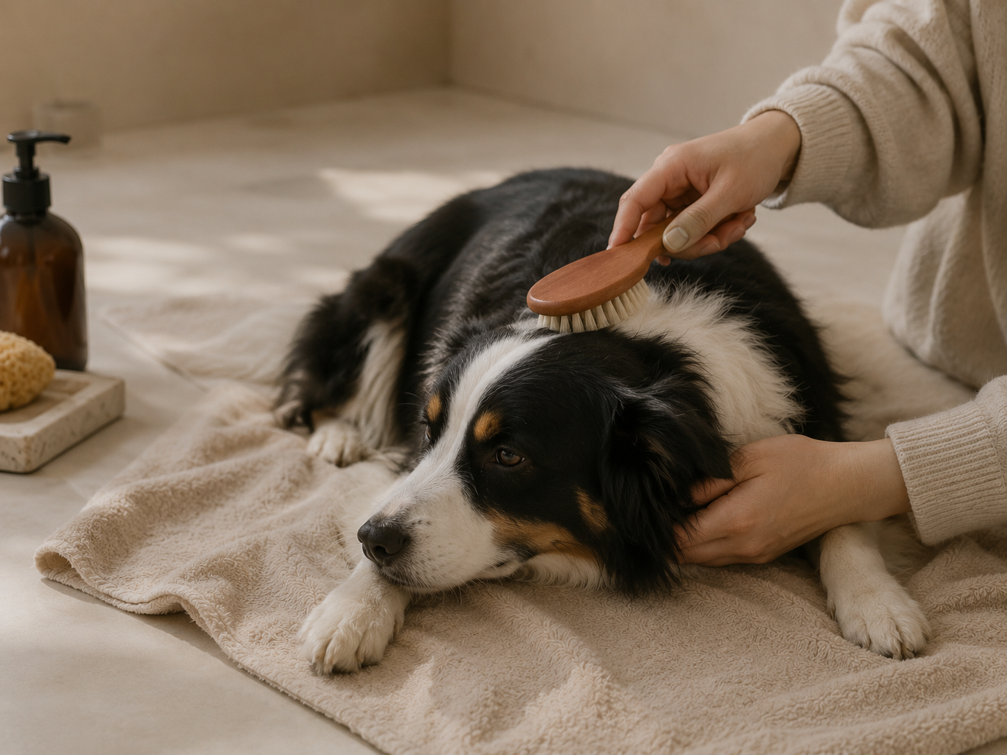 Dog being gently brushed