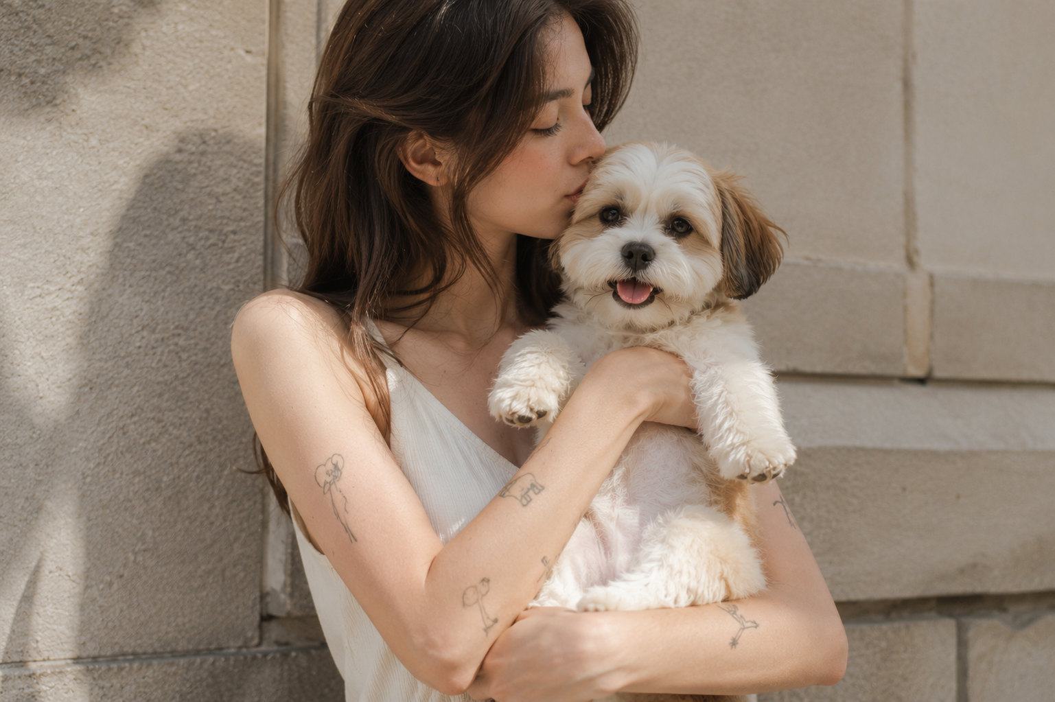 Woman cuddling a small dog in warm sunlight